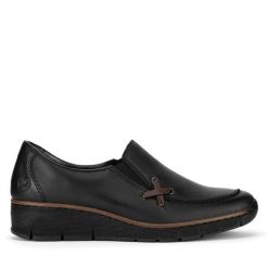 Półbuty Rieker. Czarne półbuty damskie Rieker, bez wzorów, bez obcasa, na płaskiej podeszwie, bez zapięcia. Za 329.99 zł.