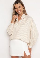 Beżowa Koszula Zapinana na Guziki z Kieszonką Uloedri. Brązowe koszule damskie Born2be, l, bez wzorów, z jeansu, biznesowe, bez kołnierzyka, plus size, bez ramiączek. Za 119.99 zł.