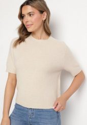 Beżowy Sweter z Wełną z Krótkim Rękawem Dannoria. Brązowe swetry klasyczne damskie Born2be, uniwersalny, z jeansu, bez kołnierzyka. Za 149.99 zł.