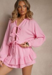 Różowy Kombinezon z Bawełny Ozdobiony Wiązaniem i Falbankami Nalelia. Czerwone sukienki damskie Renee, bez wzorów, z bawełny, eleganckie, bez ramiączek. W wyprzedaży za 159.99 zł.