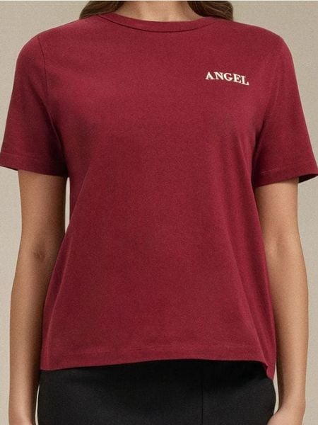 Koszulka z drobnym napisem - bordowy. Czerwone koszulki damskie Sinsay, l, bez wzorów, bez kołnierzyka, bez ramiączek. Za 25.99 zł.