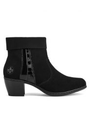 Rieker Botki Y2152-00 Czarny. Czarne botki damskie Rieker, ze skóry, bez obcasa, na słupku, bez zapięcia. Za 303.00 zł.