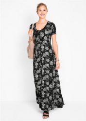 Długa sukienka shirtowa z krótkim rękawem. Czarne sukienki damskie bonprix, bez wzorów, z wiskozy, bez ramiączek. Za 147.99 zł.