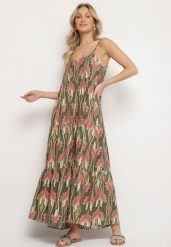 Zielono-Różowa Sukienka o Rozkloszowanym Kroju Boho na Cienkich Ramiączkach Tosave. Zielone sukienki damskie Born2be, z aplikacjami, boho, bez ramiączek. Za 89.99 zł.