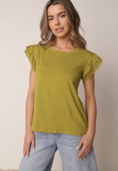 Ciemnozielona Bluzka z Bawełny z Ażurowymi Falbankami Zamiast Rękawów Vodelia. Zielone bluzki damskie Born2be, l, w ażurowe wzory, z bawełny, bez kołnierzyka, bez ramiączek. Za 39.99 zł.