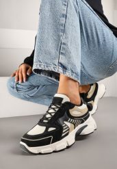 Czarno-Beżowe Sneakersy w Streetwearowym Stylu na Grubej Podeszwie Felethra. Czarne obuwie sportowe damskie Renee, z jeansu, bez zapięcia. Za 89.99 zł.