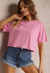 Jasnoróżowy T-shirt o Fasonie Cropped Oversize Brighta. Czerwone t-shirty damskie Renee, l, bez wzorów, bez kołnierzyka. Za 29.99 zł.