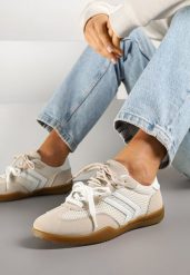 Beżowe Sneakersy w Stylu Tenisówek Ozdobione Geometrycznym Wzorem Teloriella. Brązowe obuwie sportowe damskie Renee, z jeansu, bez zapięcia, tenisowe. Za 89.99 zł.