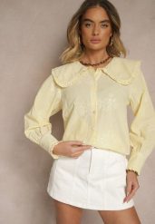 Żółta Koszula z Bawełną Ozdobiona Kołnierzykiem Natulissa. Żółte koszule damskie Renee, l, bez wzorów, z bawełny, eleganckie, bez kołnierzyka, bez ramiączek. Za 84.99 zł.