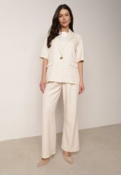 Beżowy Garniturowy Komplet Marynarka na Krótki Rękaw i Szerokie Spodnie Amalilia. Brązowe marynarki i żakiety damskie Born2be, s, bez wzorów, z szyfonu, biznesowe. Za 229.99 zł.