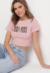 Różowy Bawełniany T-shirt z Napisem i Łańcuchem Olimelia. Czerwone t-shirty damskie Born2be, m, bez wzorów, z bawełny, bez kołnierzyka. Za 34.99 zł.
