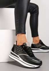 Czarne Sneakersy na Platformie z Metaliczną Wstawką Kariel. Czarne obuwie sportowe damskie Renee, bez zapięcia. Za 89.99 zł.