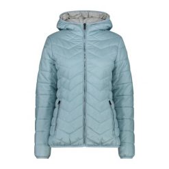 Kurtka puchowa z kapturem damska z diagonalnymi szwami CMP. Niebieskie kurtki damskie CMP, na zimę, s, bez wzorów, z puchu, z kapturem. Za 508.50 zł.