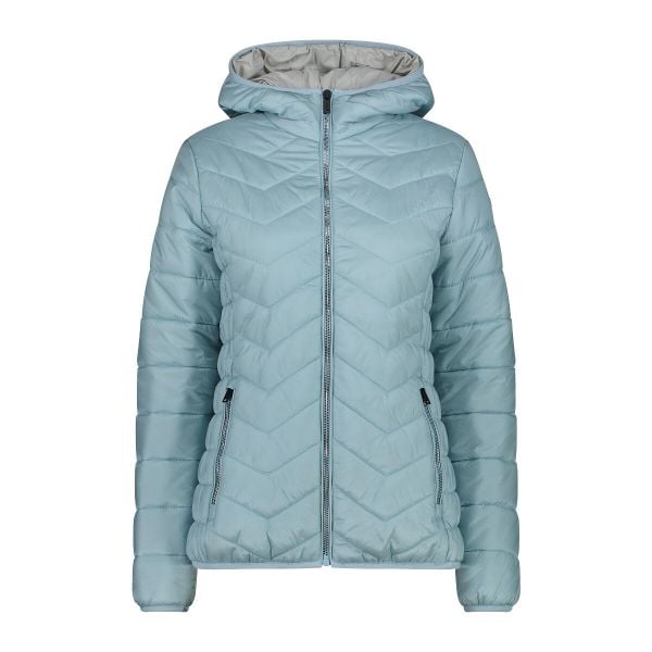 Kurtka puchowa z kapturem damska z diagonalnymi szwami CMP. Niebieskie kurtki damskie CMP, na zimę, s, bez wzorów, z puchu, z kapturem. Za 508.50 zł.