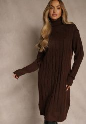 Brązowa Sukienka Sweterkowa z Golfem Wełną Bawełną i Ozdobnym Splotem Reilenea. Brązowe sukienki damskie Renee, bez wzorów, z bawełny, eleganckie, bez ramiączek. Za 79.99 zł.