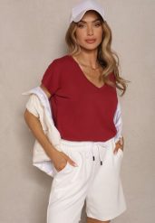 Bordowy T-shirt z Bawełny z Dekoltem w Serek Linithiela. Czerwone t-shirty damskie Renee, l, bez wzorów, z bawełny, bez kołnierzyka. Za 39.99 zł.