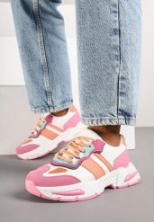 Różowo-Białe Sneakersy w Streetwearowym Stylu z Ozdobnymi Przeszyciami Isallena. Czerwone obuwie sportowe damskie Renee, bez zapięcia. Za 99.99 zł.