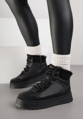 Czarne Sneakersy na Grubej Podeszwie z Futerkiem Alweda. Czarne obuwie sportowe damskie Born2be, z jeansu, bez zapięcia. Za 109.99 zł.