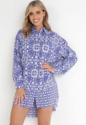 Niebieska Koszulowa Sukienka w Fantazyjny Print Kamilani. Niebieskie sukienki damskie Born2be, bez wzorów, klasyczne, bez ramiączek. Za 159.99 zł.
