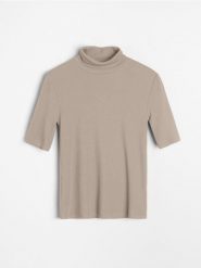 Prążkowana koszulka ze stójką - brązowy. Brązowe koszulki damskie Sinsay, l, bez wzorów, prążkowane, bez kołnierzyka, bez ramiączek. Za 25.99 zł.