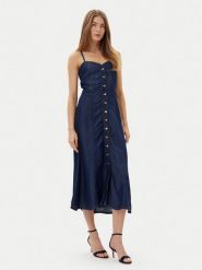 Guess Sukienka jeansowa W5GK43 D5N61 Granatowy Regular Fit. Niebieskie sukienki damskie Guess, z aplikacjami, z jeansu, bez ramiączek. Za 419.99 zł.