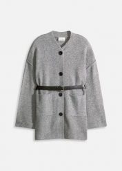 Krótki płaszcz dzianinowy z paskiem. Szare płaszcze damskie bonprix, bez wzorów, z dzianiny, bez kaptura. Za 219.99 zł.
