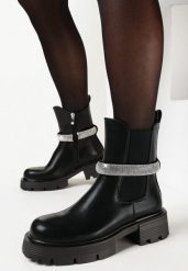 Czarne Botki Workery z Wypukłym Paskiem z Cyrkoniami Joviana. Czarne botki damskie Born2be, z jeansu, eleganckie, bez obcasa, na płaskiej podeszwie, bez zapięcia. Za 179.99 zł.