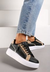 Czarne Sneakersy na Platformie Ozdobione Suwakami Halimedia. Czarne obuwie sportowe damskie Born2be, z materiału, bez zapięcia. Za 99.99 zł.