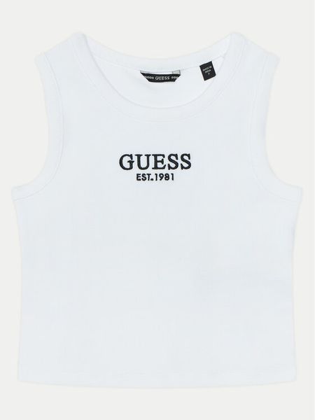 Guess Top J4YI16 KBZP4 Biały Regular Fit. Białe koszulki i t-shirty dziewczęce Guess, z aplikacjami, z bawełny, bez kołnierzyka, bez ramiączek. Za 59.99 zł.