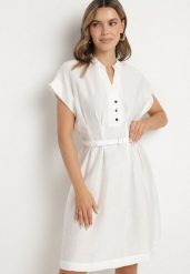 Biała Sukienka z Wiskozy o Rozkloszowanym Kroju z Paskiem Sepina. Białe sukienki damskie Born2be, z aplikacjami, z wiskozy, eleganckie, bez ramiączek. Za 129.99 zł.