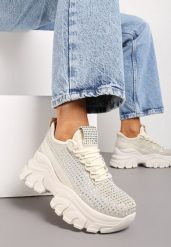 Beżowe Sneakersy na Platformie z Cholewką z Cyrkoniami Harilena. Brązowe obuwie sportowe damskie Renee, bez zapięcia. Za 99.99 zł.