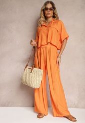 Pomarańczowy 2-Częściowy Komplet z Wiskozy Koszula o Luźnym Kroju Szerokie Spodnie Velvitela. Brązowe koszule damskie Renee, bez wzorów, z materiału, eleganckie, bez kołnierzyka, bez ramiączek. Za 129.99 zł.