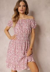 Biało-Czerwona Bawełniana Sukienka z Gumką w Talii o Fasonie Hiszpanki Jazmi. Białe sukienki damskie Renee, z aplikacjami, z bawełny, eleganckie, bez ramiączek. W wyprzedaży za 39.99 zł.