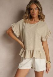 Beżowa Bluzka Oversize Ozdobiona Falbanami Liriele. Brązowe bluzki damskie Renee, bez wzorów, z jeansu, bez kołnierzyka, bez ramiączek. Za 44.99 zł.