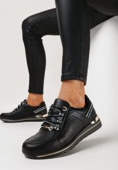Czarne Sneakersy Sznurowane z Metalową Wstawką i Perforacją ze Skórzaną Wkładką Pixia. Czarne obuwie sportowe damskie Born2be, bez zapięcia. Za 99.99 zł.