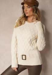Beżowy Sweter w Delikatny Splot z Ozdobną Klamrą i Paskiem na Dole Rievea. Brązowe swetry klasyczne damskie Renee, m, z jeansu, bez kołnierzyka. Za 99.99 zł.