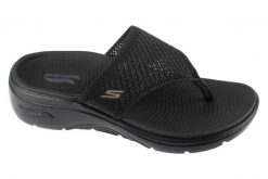 Japonki damskie, Go Walk Arch Fit 2.0 Sandal - Carrie. Czarne klapki damskie Skechers, bez wzorów, z materiału, bez obcasa, bez zapięcia. Za 229.99 zł.