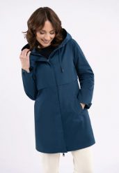 Prosty, krótki płaszcz J-ANJA. Niebieskie płaszcze damskie Volcano, plus size, bez wzorów, z materiału, z kapturem. Za 359.99 zł.