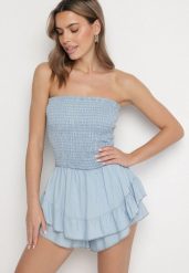 Jasnoniebieski Kombinezon z Dekoltem Bandeau i Falbankami Darella. Niebieskie sukienki damskie Born2be, bez wzorów, bez ramiączek. Za 149.99 zł.