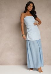Niebieska Sukienka Koktajlowa z Dekoltem Bandeau Ozdobiona Marszczeniem Folimmea. Niebieskie sukienki damskie Renee, bez wzorów, eleganckie, bez ramiączek. W wyprzedaży za 135.99 zł.