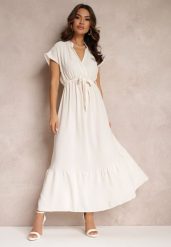 Beżowa Kopertowa Sukienka z Gumką w Talii i Wiązaniem Mylelse. Brązowe sukienki damskie Renee, bez wzorów, eleganckie, bez ramiączek. W wyprzedaży za 67.99 zł.