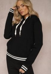 Czarna Bluza Kangurka z Bawełny ze Ściągaczami w Paski i Kapturem Gaiana. Czarne bluzy damskie Renee, bez wzorów, z bawełny, z kapturem. Za 109.99 zł.