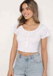 Biały Bawełniany T-shirt o Dopasowanym Kroju z Guzikami Filareina. Białe t-shirty damskie Born2be, l, bez wzorów, z bawełny, bez kołnierzyka. Za 34.99 zł.