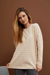 Bluza w paski beżowa. Brązowe bluzy damskie MOODO, xs, bez wzorów, z bawełny, bez kaptura. W wyprzedaży za 26.99 zł.