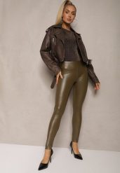 Zielone Legginsy z Imitacji Skóry High Waist z Polarem Labrinne. Zielone legginsy damskie Renee, l, bez wzorów, z jeansu. Za 44.99 zł.