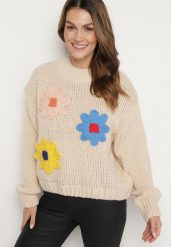 Beżowy Sweter z Wiskozą Ozdobiony Kwiatami 3D Alabine. Brązowe swetry klasyczne damskie Born2be, l, z jeansu, bez kołnierzyka. Za 99.99 zł.