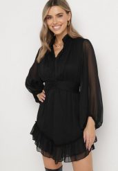Czarna Rozkloszowana Sukienka z Falbanką Harlin. Czarne sukienki damskie Born2be, bez wzorów, bez ramiączek. W wyprzedaży za 152.99 zł.