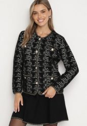 Czarny Kardigan w Stylu Retro z Perłowymi Guzikami i Metaliczną Nitką Daiviana. Czarne kardigany damskie Born2be, m, bez wzorów. Za 109.99 zł.