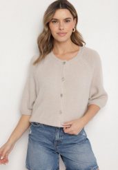 Jasnobeżowy Kardigan z Wełną z Rękawami Długości 3/4 Iffolara. Brązowe kardigany damskie Born2be, uniwersalny, bez wzorów, z wełny. Za 139.99 zł.