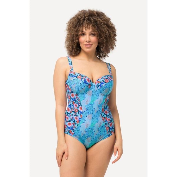 Damski Strój kąpielowy miękkie miseczki fiszbiny regulowane ramiączka. Niebieskie stroje jednoczęściowe Ulla Popken, bez wzorów, z elastanu. Za 294.99 zł.